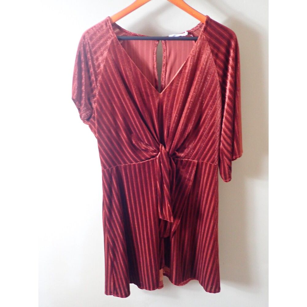 All in Favor Burnt Orange Velvet Large Dress Boho Jewel Tone Keyhole Knot Ribbed